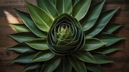 Fresh green banana leaves folded and layered in a floral shape on a wooden surface.