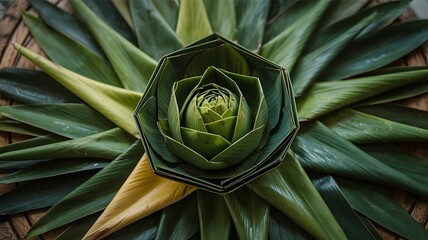 Light and dark green leaves folded and layered into a floral shape on a woven surface.