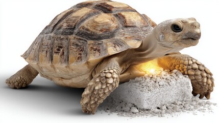 Naklejka premium Close-up of a tortoise resting on a concrete block in bright light with detailed shell texture