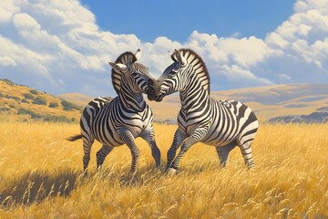 Naklejka premium Two zebras facing each other in a field of tall grass under a blue sky with white clouds art