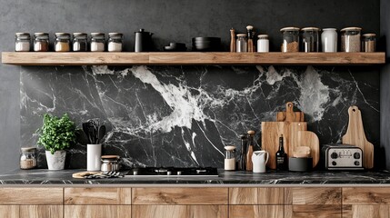 Modern kitchen, dark marble backsplash, wooden shelves, spices, cooking