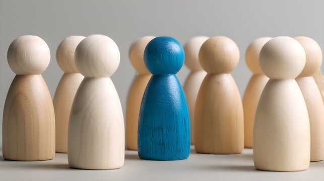 Leadership and Individuality in Business. A blue wooden figure stands apart from neutral-colored figures, symbolizing uniqueness, recruitment, diversity, and personal identity in a group setting.