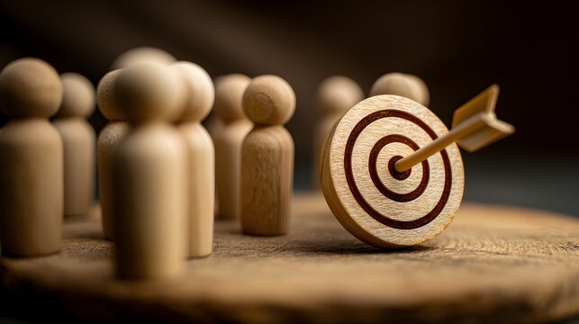 Teamwork and Business Goals Execution. A wooden disc with a bullseye and arrow icon is placed among wooden figures, symbolizing goal setting, business strategy, leadership, and teamwork.