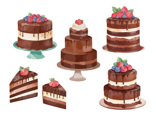 Chocolate Cake brown cream watercolor hand drawn vector drawing painting birthday wedding