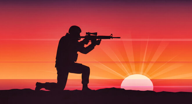 Silueta de soldado apuntando al atardecer, ilustraci&oacute;n vectorial