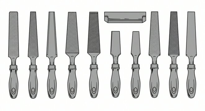 Vector illustration of various metal files with different shapes and sizes, essential for metalworking, woodworking, and precise surface finishing tasks

