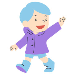 jumping girl in raincoat pigtails happy doodle illustration