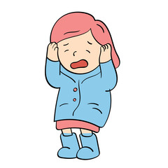 kid in raincoat feeling cold hands on head doodle illustration