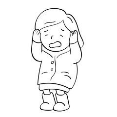 kid in raincoat feeling cold hands on head doodle illustration