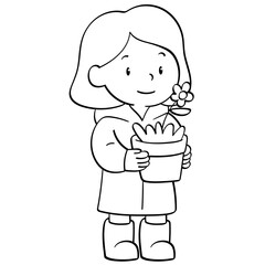 kid in raincoat holding potted plant doodle illustration