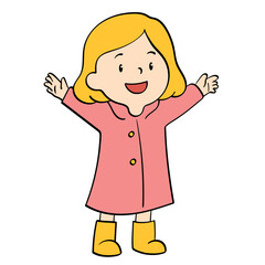 kid in raincoat smiling hands up doodle illustration