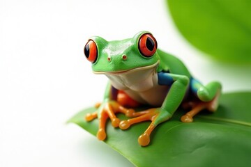 Obraz premium Green tree frog, perched on white, vibrant color , reptile, nature