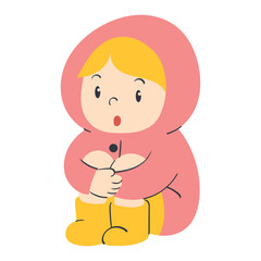 sitting kid in raincoat hugging knees doodle illustration
