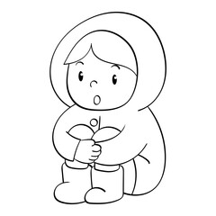 sitting kid in raincoat hugging knees doodle illustration