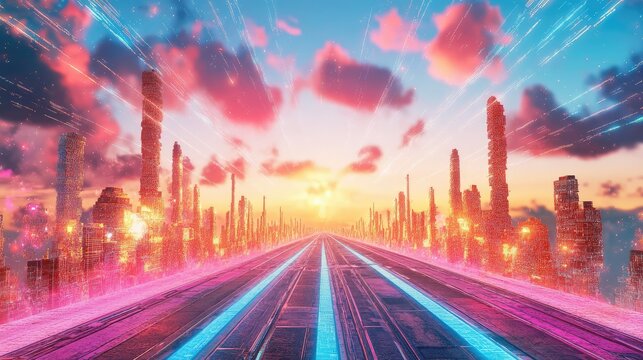 Abstract digital road in vibrant red and blue parallel tracks, sci-fi interface concept