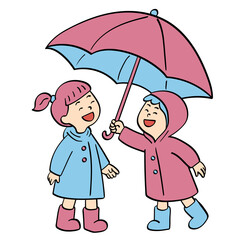 two kids in raincoats sharing umbrella doodle illustration