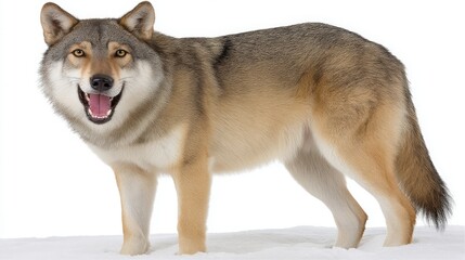 Obraz premium Majestic Grey Wolf Standing on Snowy Ground with Expression of Playfulness and Curiosity