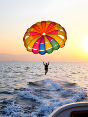 Colorful parasail wing pulled by a boat in the sea water of sunset, Turkey