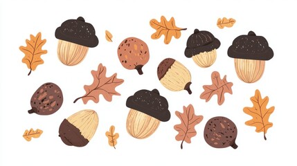 Autumn acorns and leaves scattered across a white surface for seasonal decoration