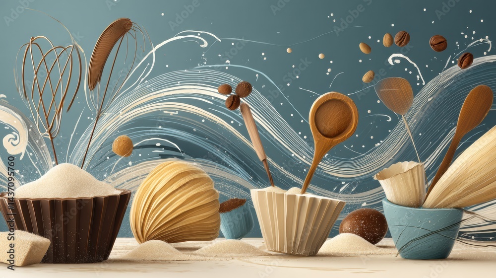 Poster floating elements showcasing a whimsical bakery theme with whisk, flour, sugar, and tart shells in a
