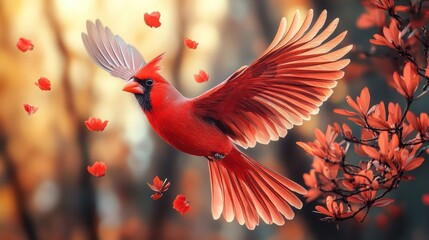 Obraz premium Red cardinal in flight, autumnal scenery