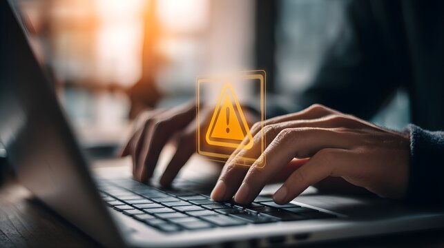 Concept of email warning and phishing scam risk as business professional typing on laptop receives fraud alert notification, emphasizing cybersecurity threat in digital workplace environment