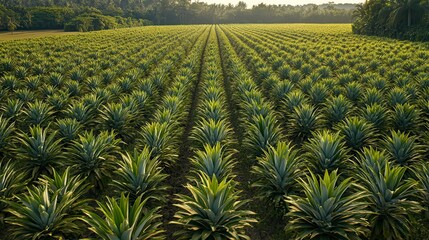 Vast pineapple plantation at sunrise, rows of plants stretching to the horizon.