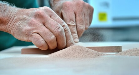 A craftsman"s hands delicately sand a piece of wood, sending fine dust into the air, showcasing skillful woodworking techniques.