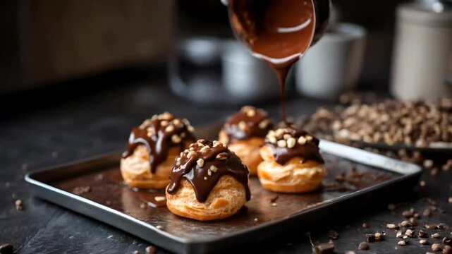 Chocolate ganache is poured over hazelnut-topped cream puffs arranged on a baking sheet. The scene is dark and moody, highlighting the rich, decadent dessert.