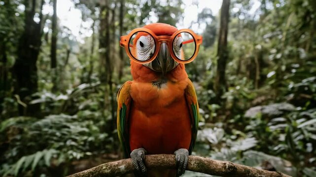 Colorful parrot wearing stylish glasses posing playfully with a whimsical expression on its face