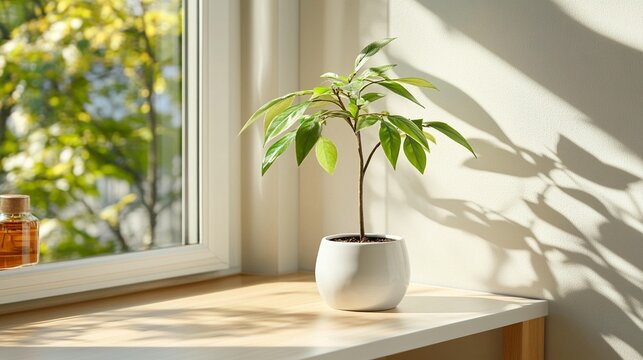 Sunlit green plants on windowsill minimalist indoor scene