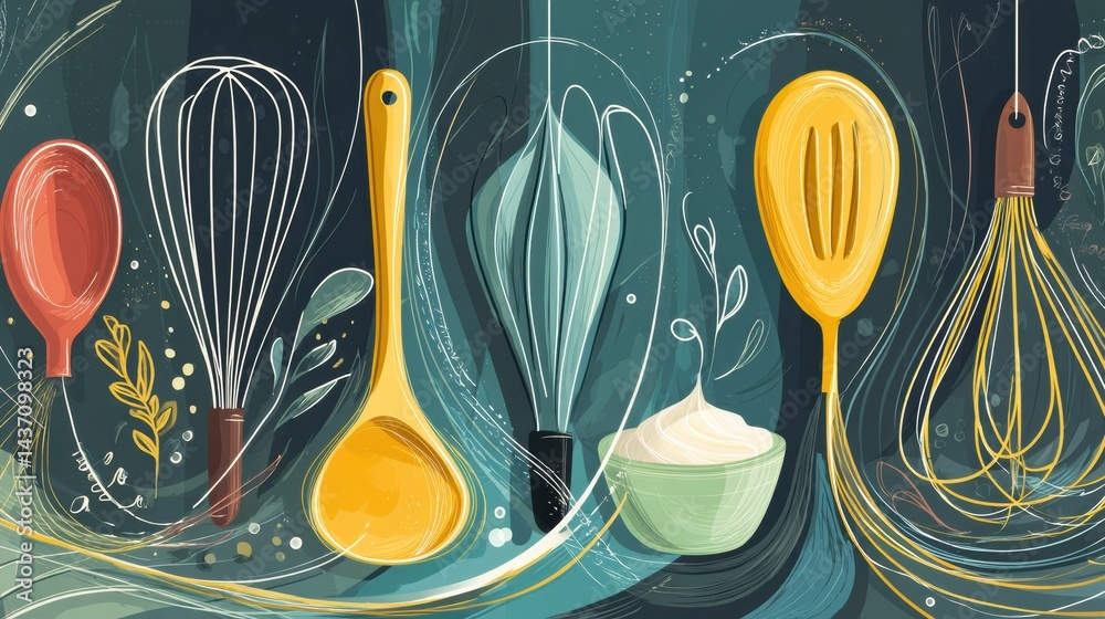 Poster whisks, flour, sugar, and a tart shell float gracefully in a stylized bakery theme showcasing a whim