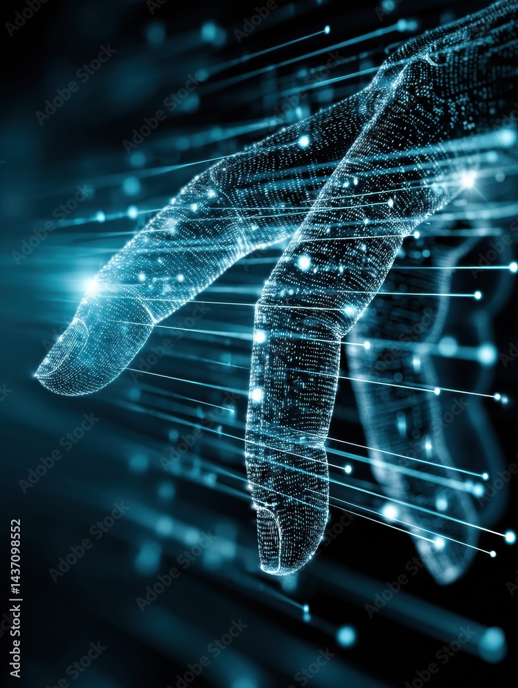 Poster Holographic Code Floating Above Hand in a Futuristic Cyberspace Environment Interacting With Digital Data
