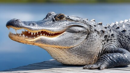Obraz premium A large alligator rests on a wooden surface near water, displaying its powerful jaws and textured scales in bright sunlight.