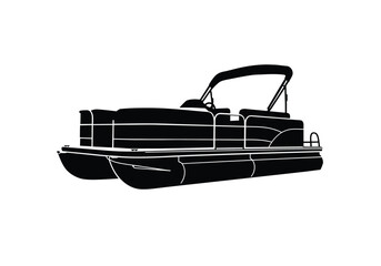 Naklejka premium Pontoon boat silhouette. This image shows a pontoon boat in silhouette form, highlighting its structure and design as a floating leisure watercraft. Vector clipart illustration design.
