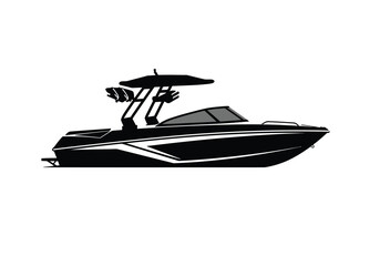 Ski boat silhouette. This image shows a sleek, modern ski boat with a wakeboard tower and canopy, depicted in black and white silhouette style. Vector clipart illustration design.