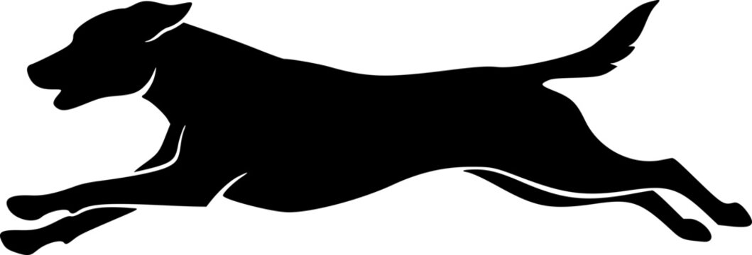A black and white vector logo silhouette of a jumping dog