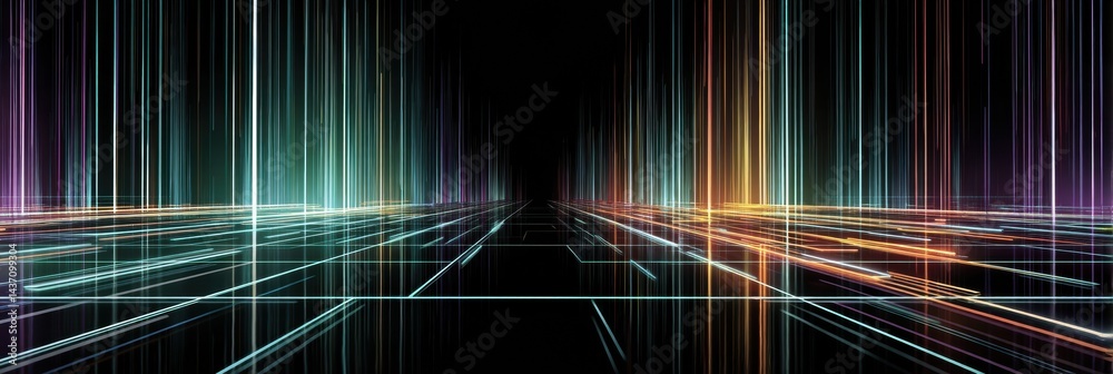 Poster Futuristic Digital Grid With Neon Lines Creates Immersive Depth Perception in a Virtual Space