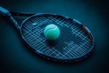 Tennis racket and ball, dark blue lighting