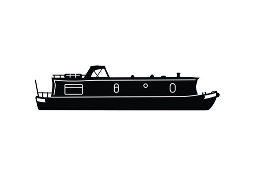 Canal boat silhouette. A black silhouette image of a canal boat, also known as a narrowboat or barge, with distinct features such as windows, railing, and chimney. Vector clipart illustration design.