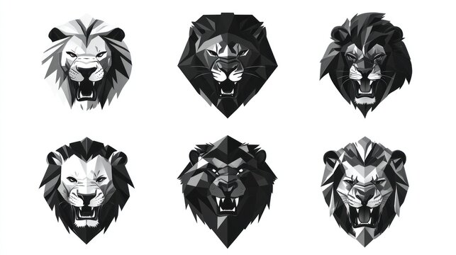 Six geometric lion heads; roaring, monochrome; wildlife; logo design