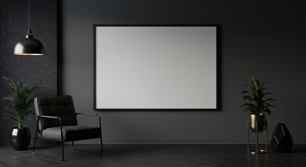 Highlight interior design concepts luxury dark-themed 3D rendering showing sleek gray wall empty horizontal frame mockup paired sophisticated metal armchair black-toned decor ideal professional