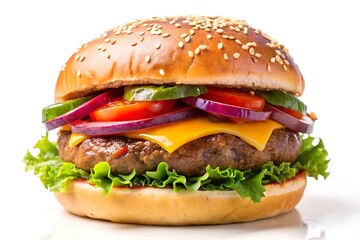 Close up of a burger with lettuce tomato onion cheese and a sesame seed bun on a white background. fast food,  Photos, Standard Content, isolated Assets, isolated,  Horizontal,
