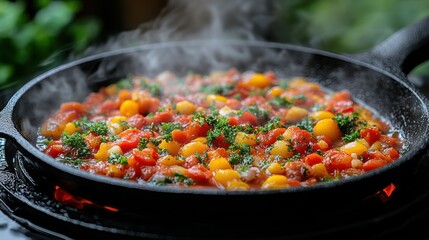 Delicious, steaming tomato and pepper dish cooking in a cast iron skillet