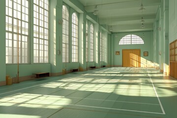 Sports event preparation in a spacious gymnasium bright light minimalist design
