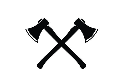 Crossed axes silhouette. This image shows two black axes crossed at their handles, forming an X shape, also known as crossed hatchets or battle axes. Vector clipart illustration design.