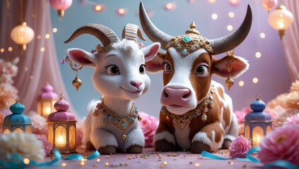 Fototapeta premium Whimsical illustration of a cute goat and cow adorned with jewels, celebrating a cultural theme