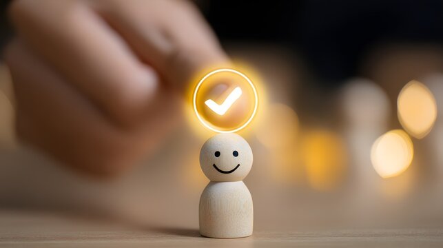 Recruitment and Leadership Selection, A hand pick a smiling wooden figure with a glowing checkmark, symbolizing recruitment, employee selection, customer satisfaction, leadership, or personal success.
