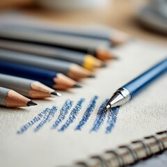 Fototapeta premium Close up of Pen Pencils on Sketchbook Art Supplies Drawing Stationery Office Design
