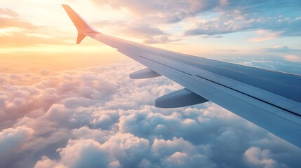 Fototapeta premium Airplane Wing Over Fluffy Clouds at Sunset with Vibrant Colors